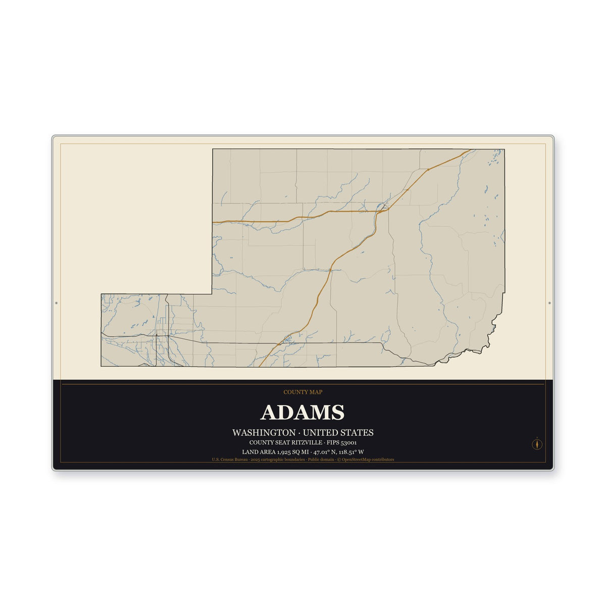 Adams County, Washington Map Aluminum Sign in Museum Plaque style