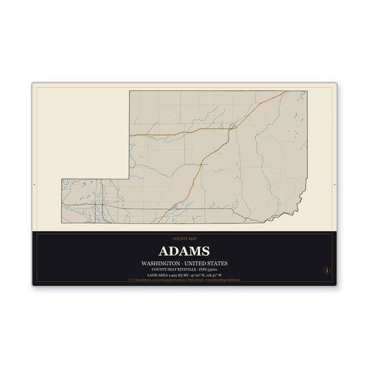 Adams County, Washington Map Aluminum Sign in Museum Plaque style
