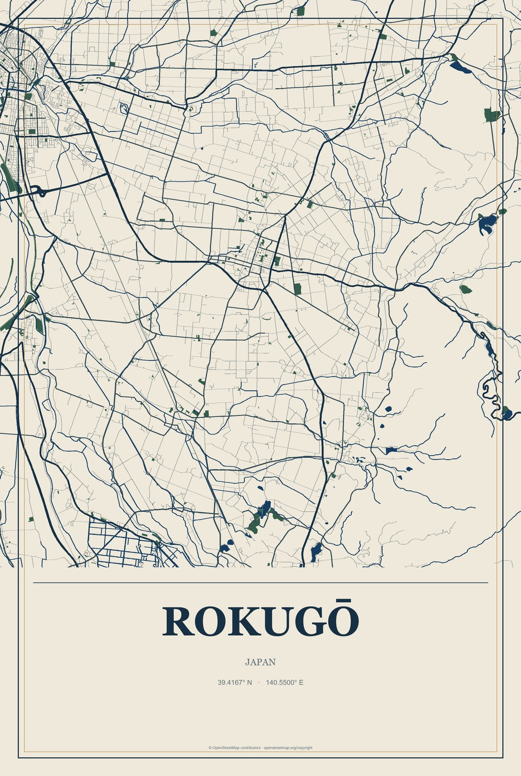 Rokugō, Japan City Map Aluminum Sign in Coastal Cutout style