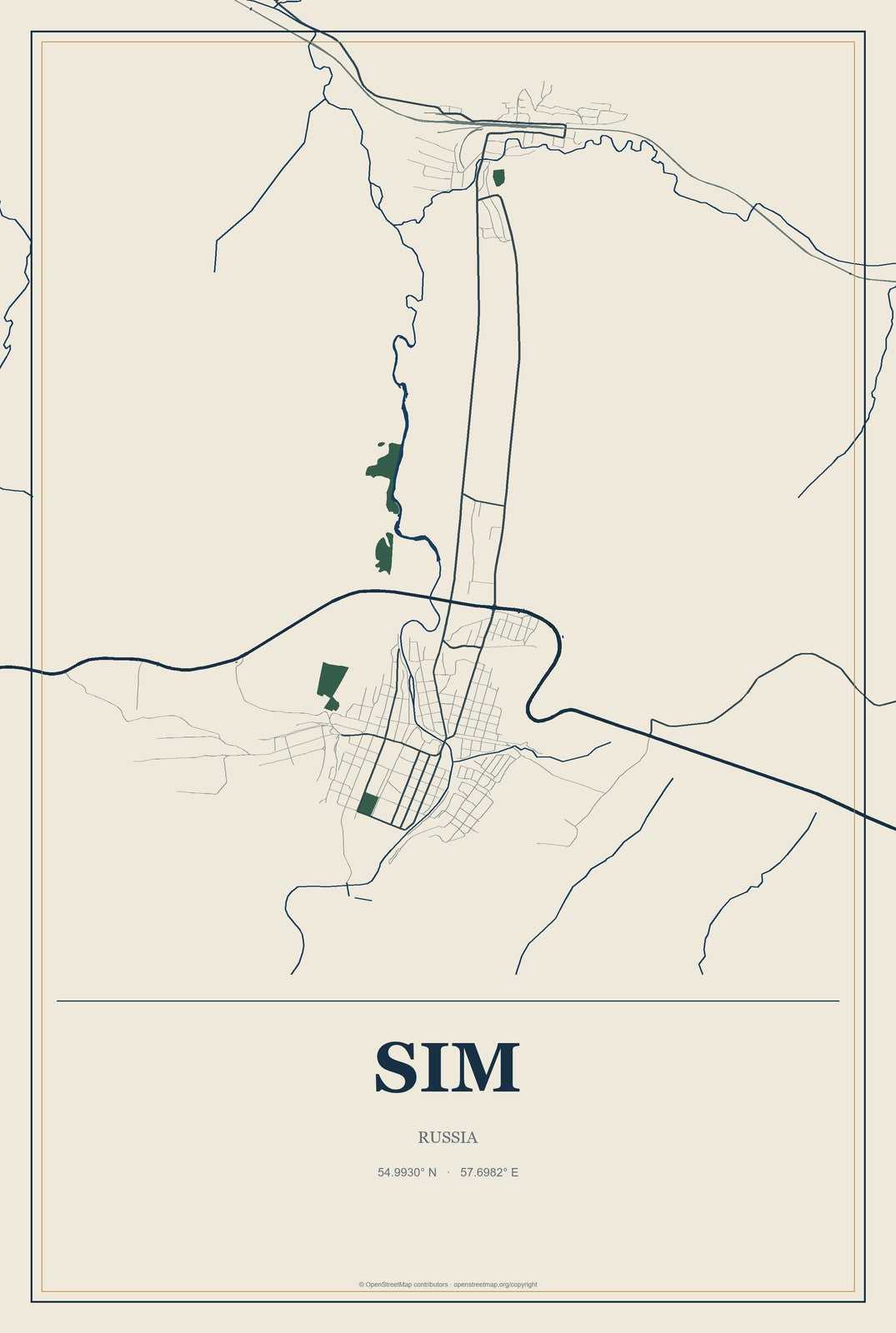 Sim, Russia City Map Aluminum Sign in Coastal Cutout style