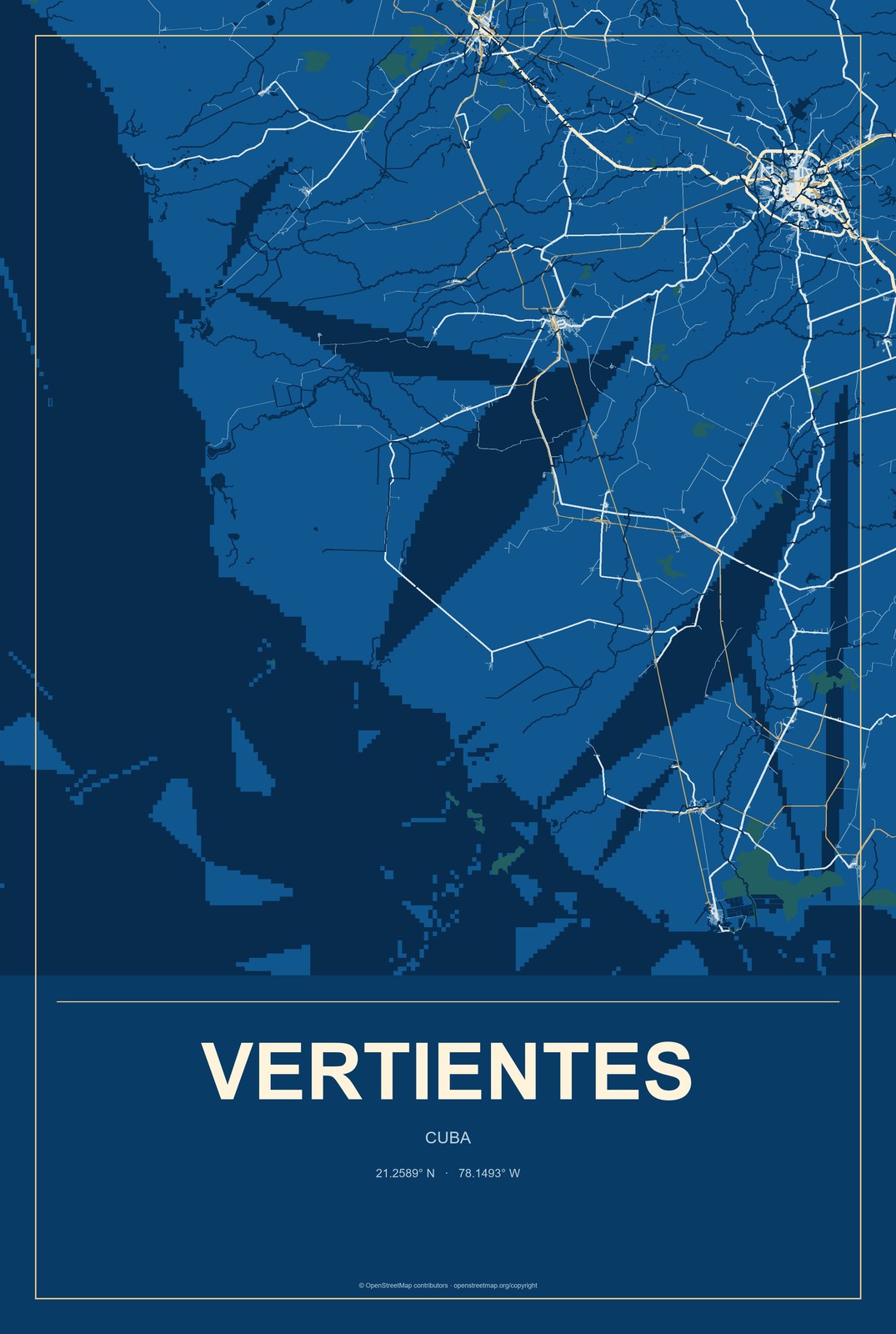Vertientes, Cuba City Map Aluminum Sign in Harbor Cobalt style