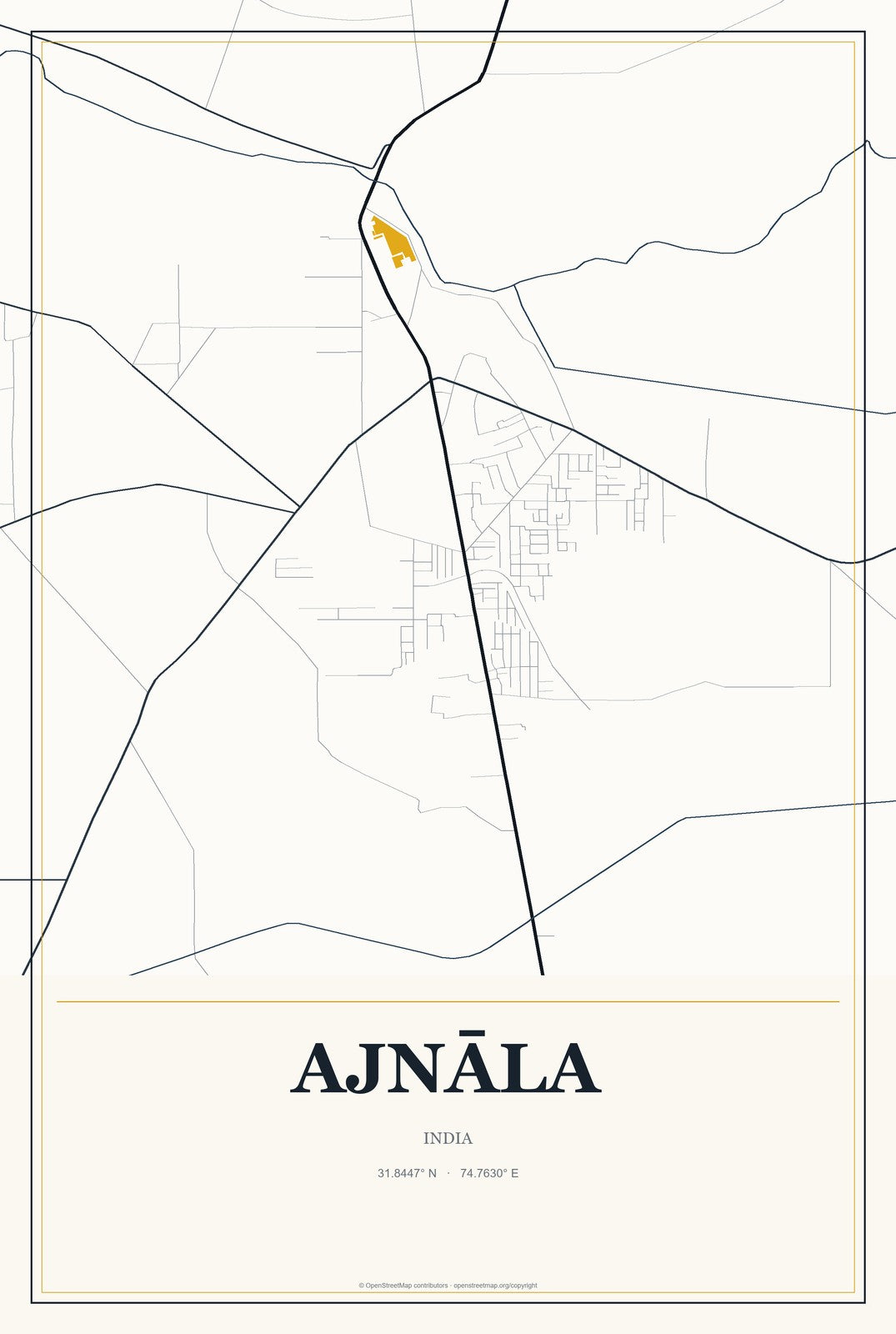 Ajnāla, India City Map Aluminum Sign in Citrine Modern style