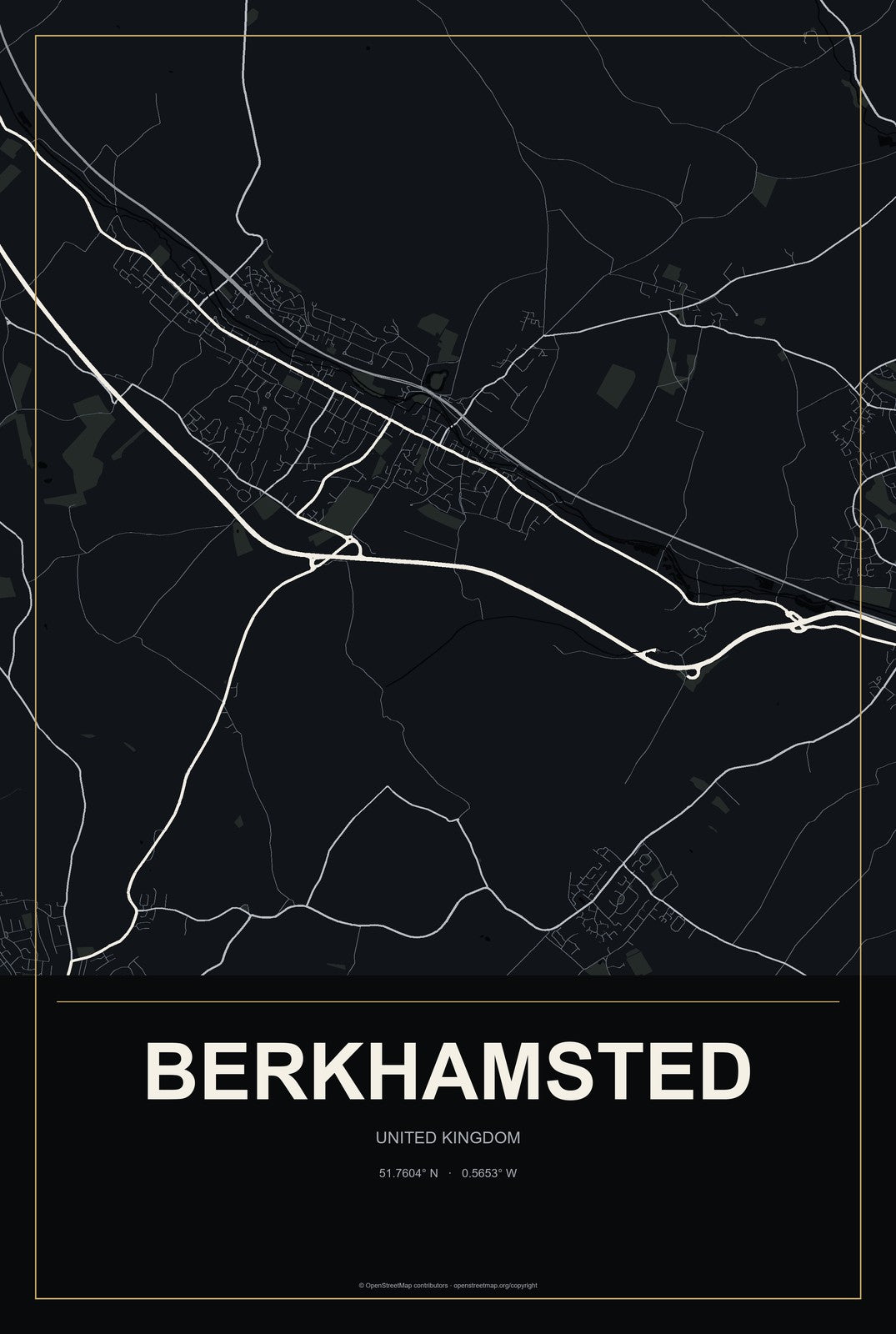 Berkhamsted, United Kingdom City Map Aluminum Sign in Metropolitan Noir style
