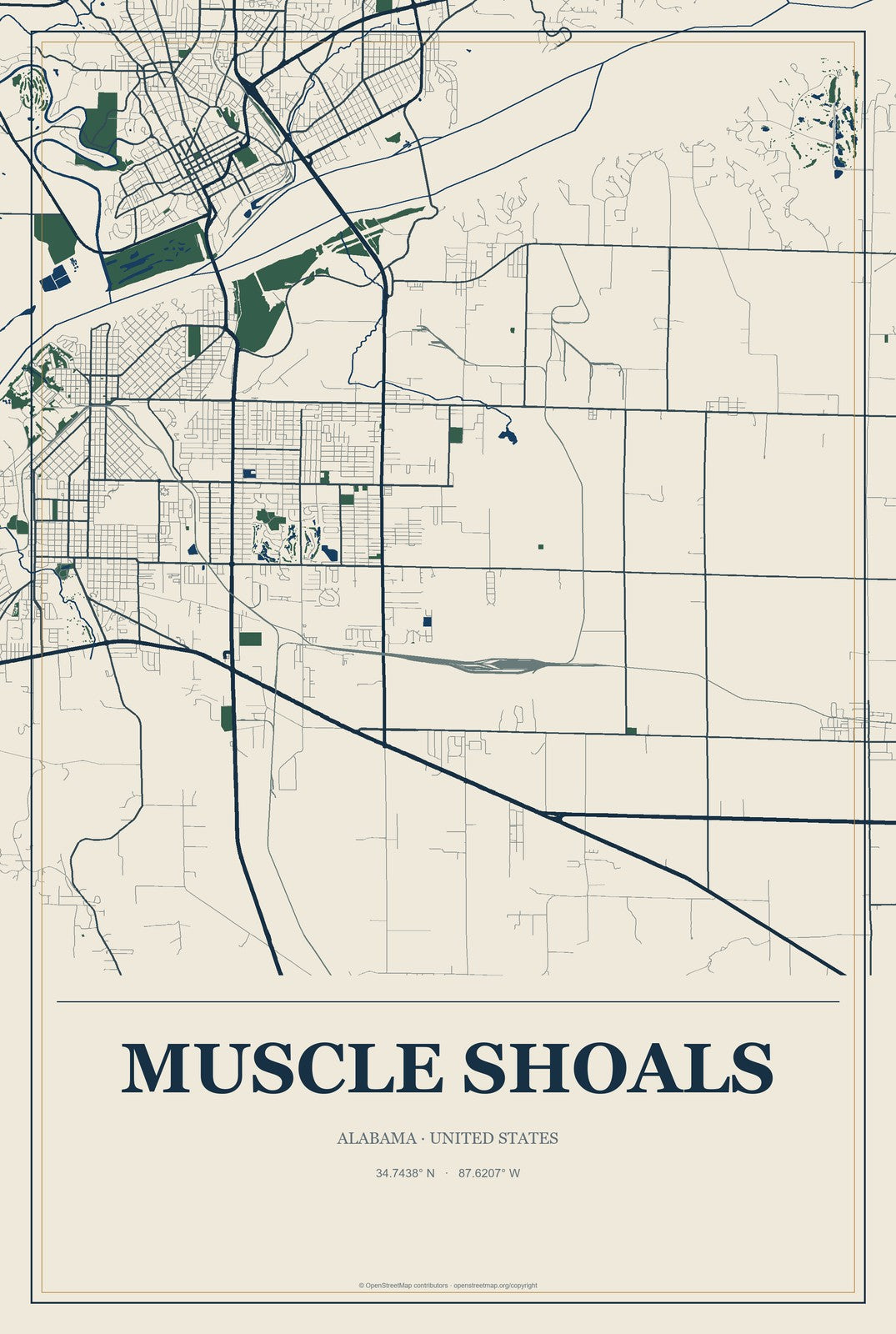 Muscle Shoals, Alabama City Map Aluminum Sign in Coastal Cutout style