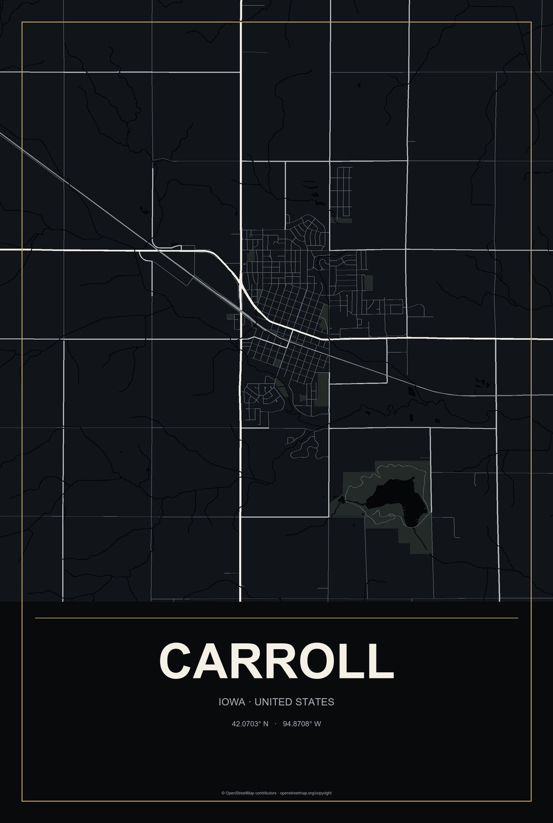 Carroll, Iowa City Map Aluminum Sign in Metropolitan Noir style