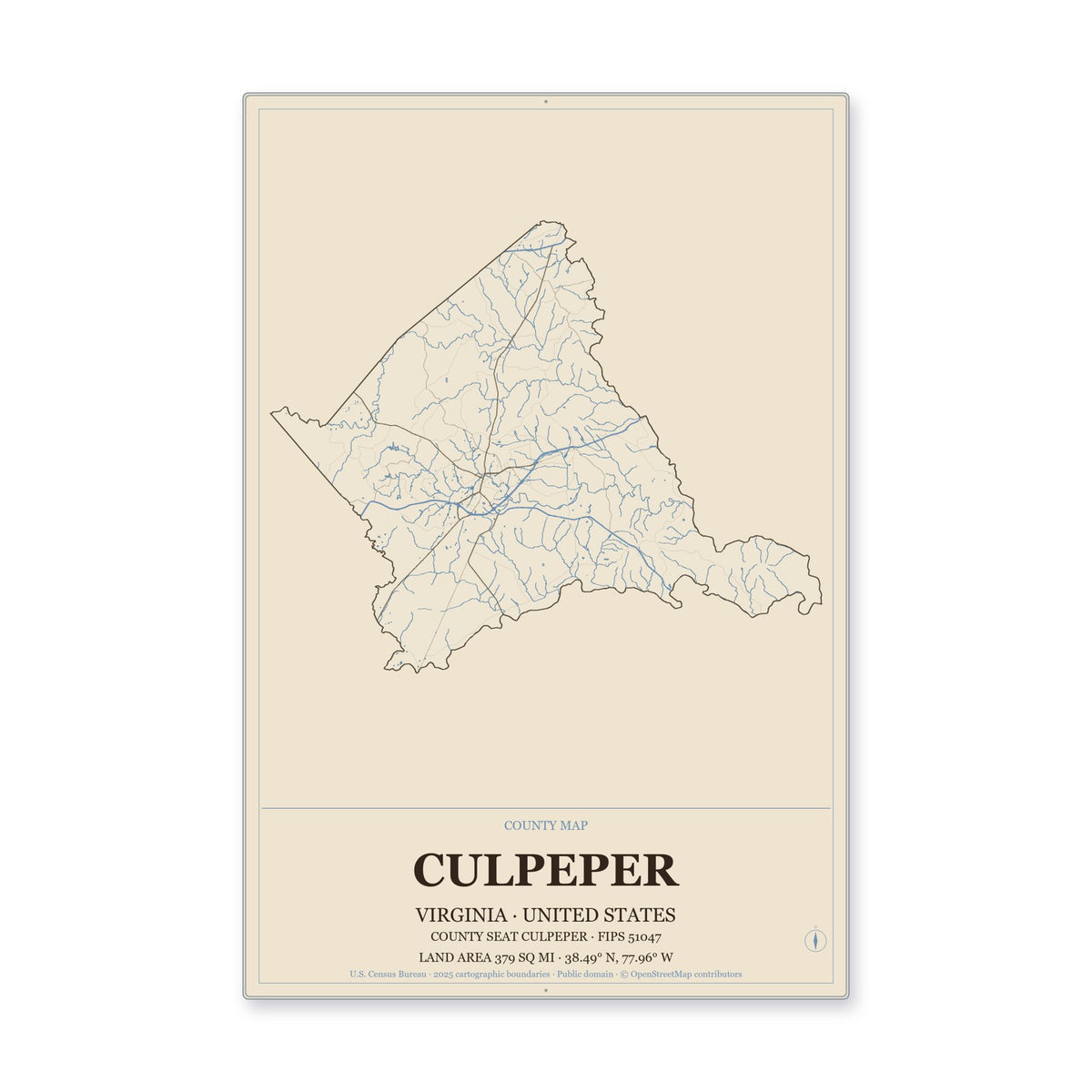 Culpeper County, Virginia Map Aluminum Sign in Heritage Nautical style