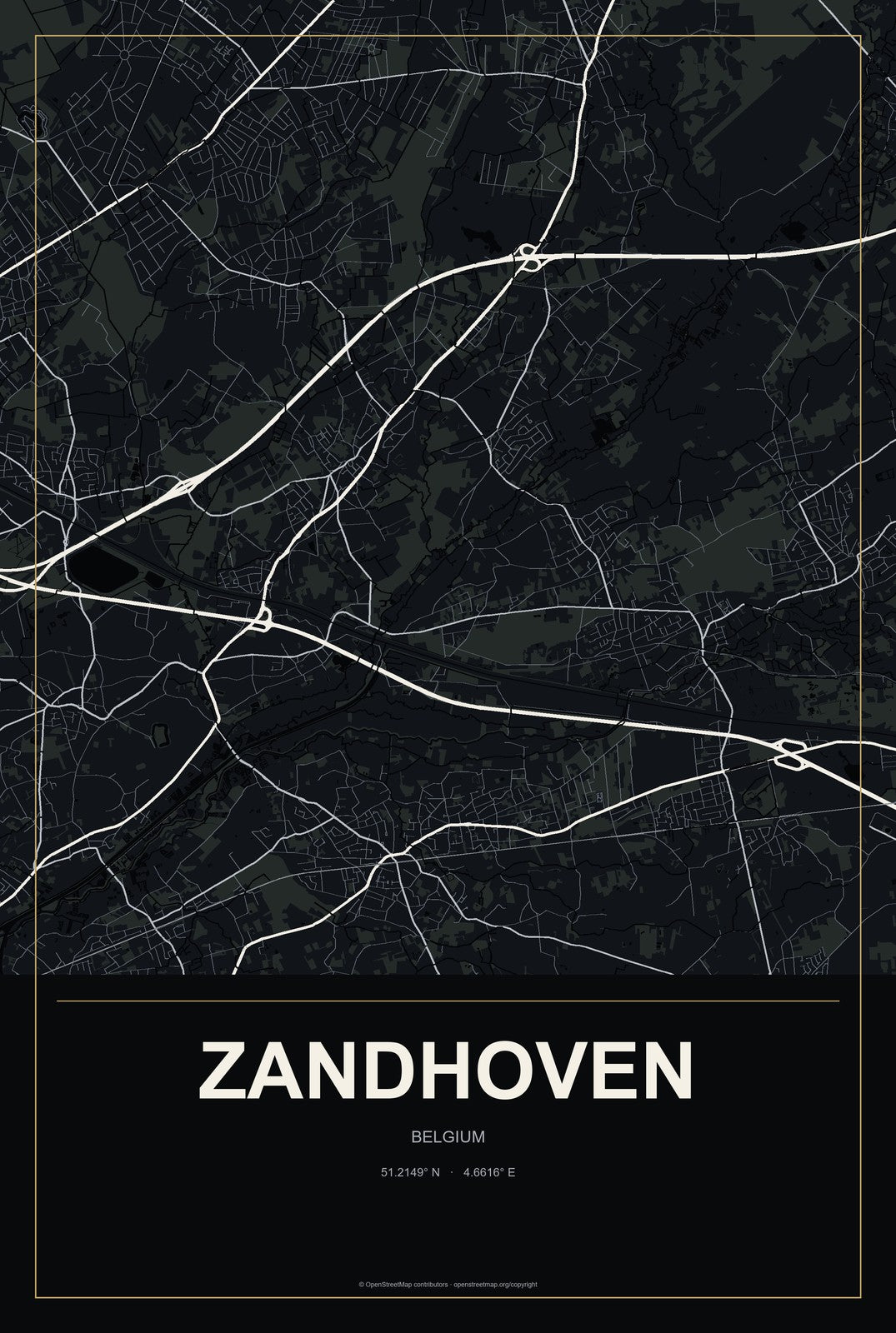 Zandhoven, Belgium City Map Aluminum Sign in Metropolitan Noir style