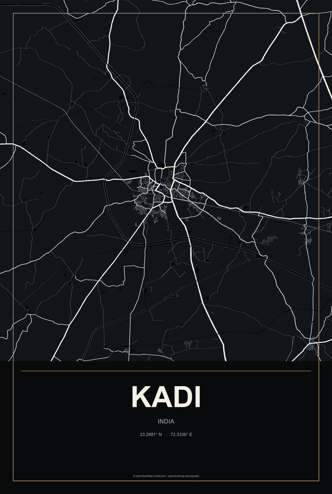 Kadi, India City Map Aluminum Sign in Metropolitan Noir style