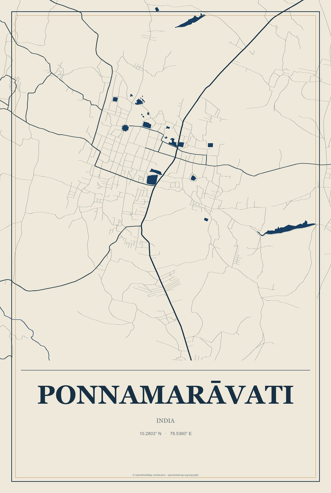 Ponnamarāvati, India City Map Aluminum Sign in Coastal Cutout style
