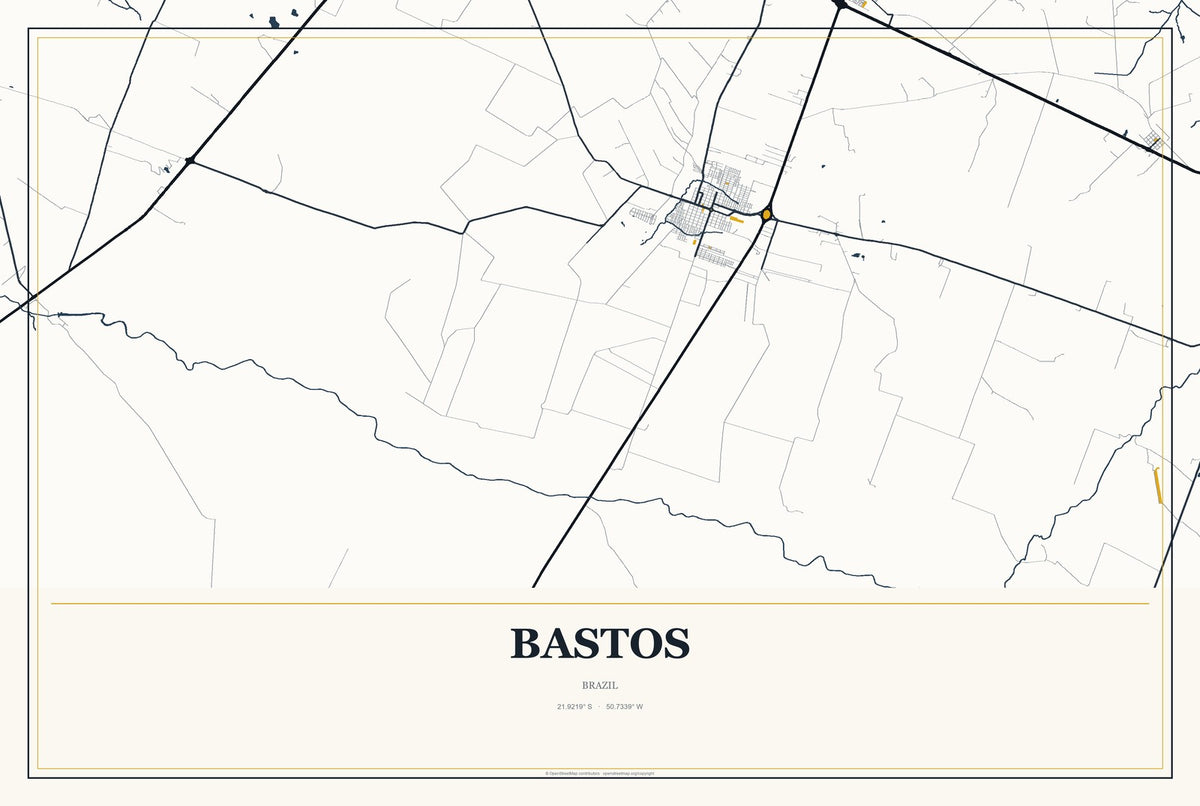 Bastos, Brazil City Map Aluminum Sign in Citrine Modern style