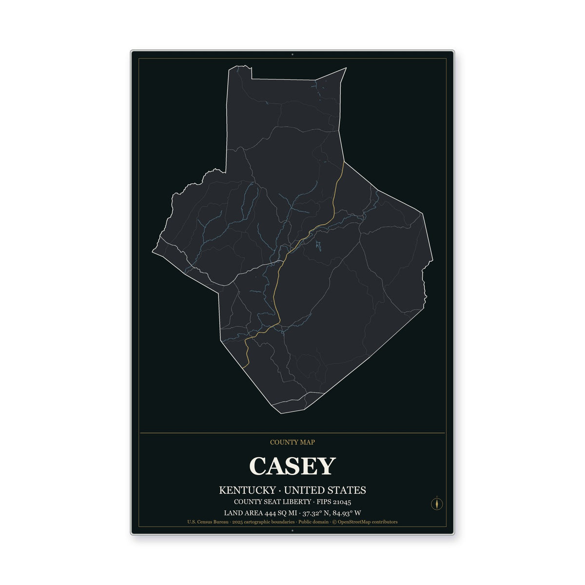 Casey County, Kentucky Map Aluminum Sign in Metropolitan Noir style