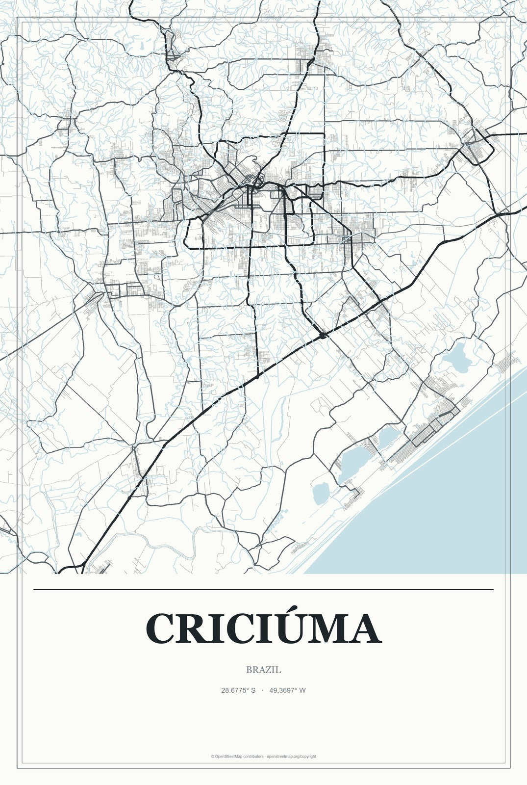 Criciúma, Brazil City Map Aluminum Sign in Gallery Air style
