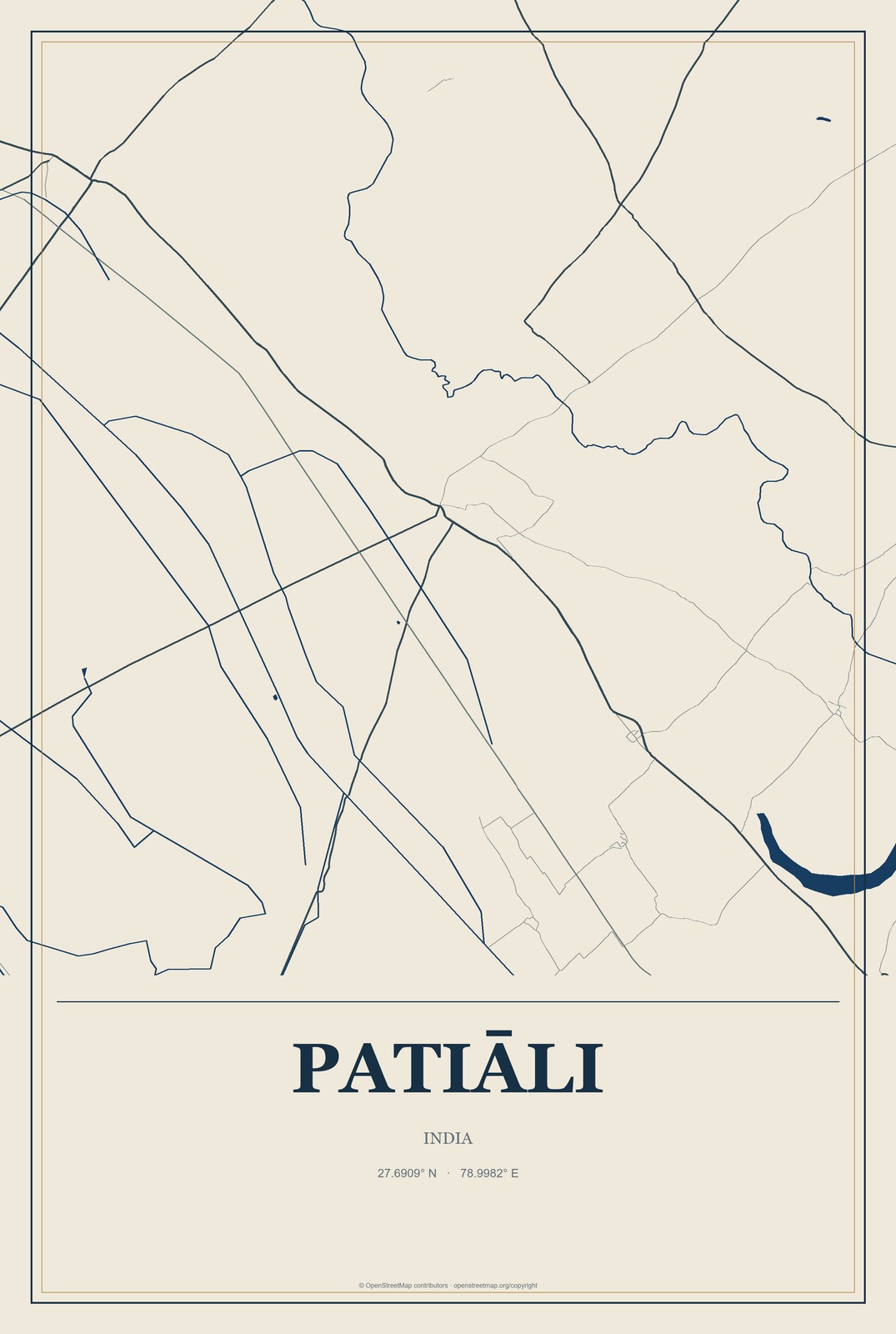 Patiāli, India City Map Aluminum Sign in Coastal Cutout style