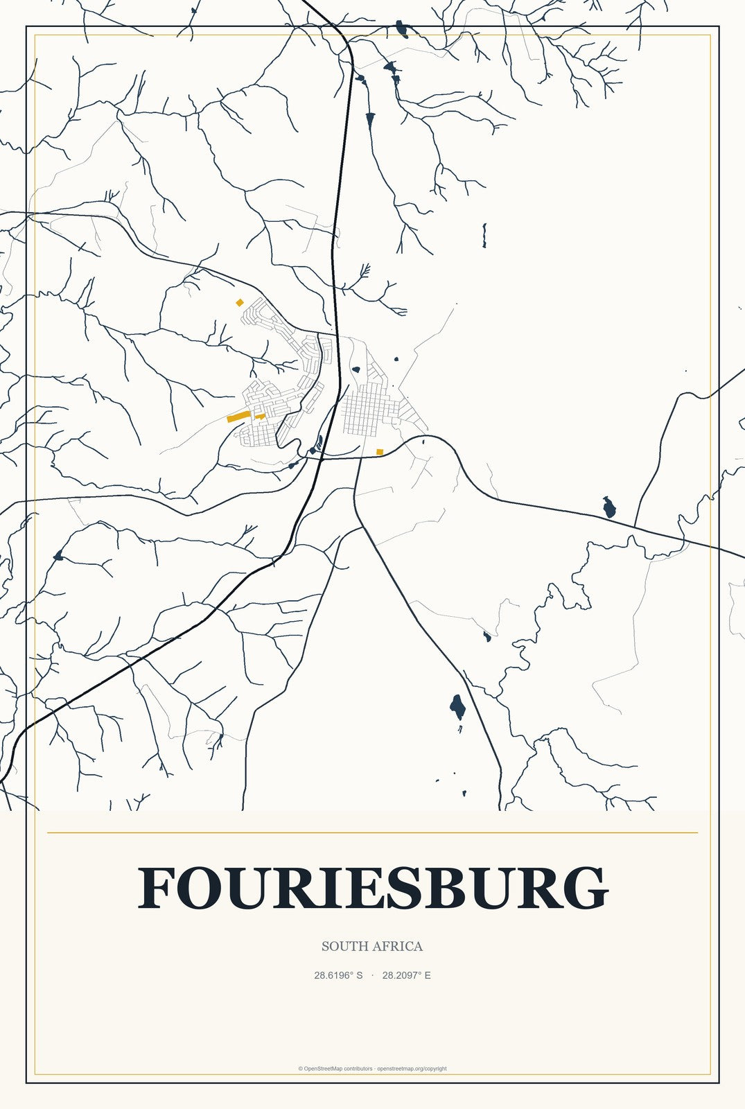 Fouriesburg, South Africa City Map Aluminum Sign in Citrine Modern style