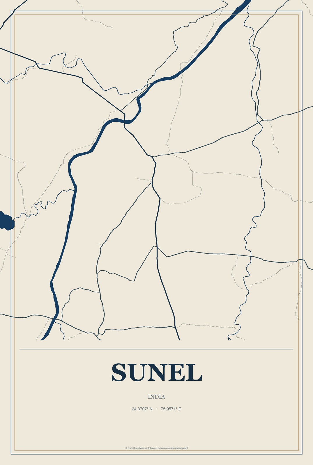 Sunel, India City Map Aluminum Sign in Coastal Cutout style