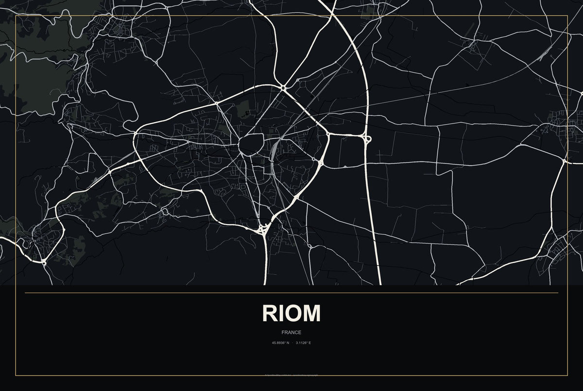Riom, France City Map Aluminum Sign in Metropolitan Noir style