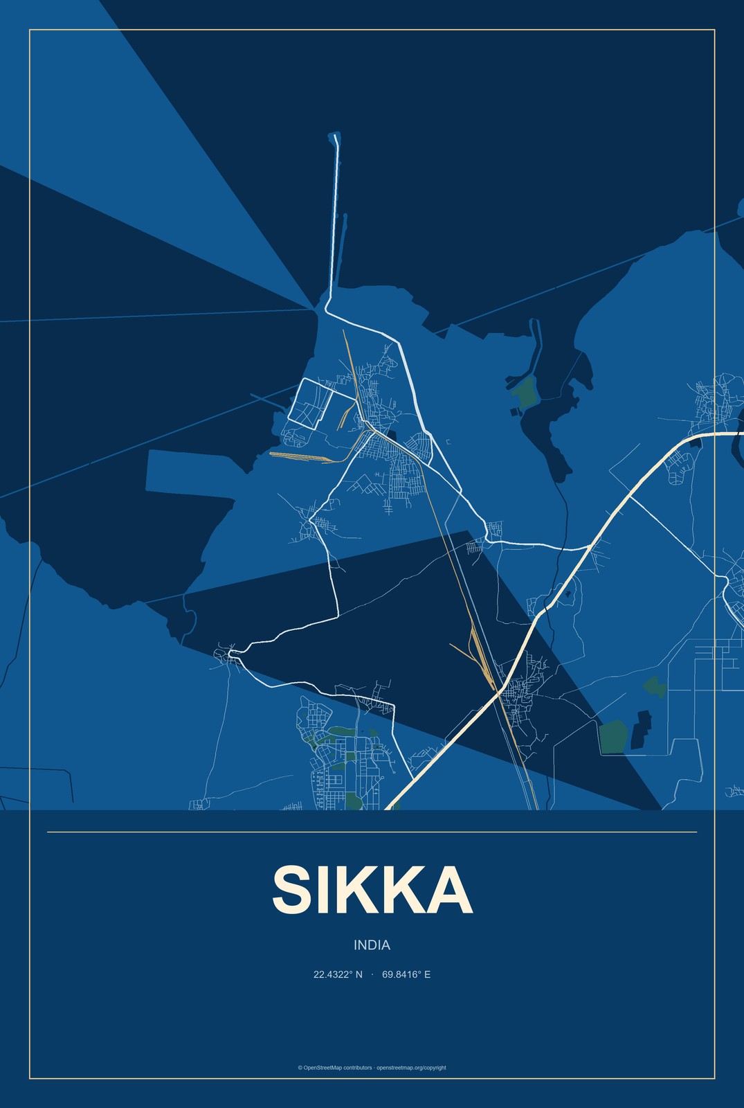 Sikka, India City Map Aluminum Sign in Harbor Cobalt style