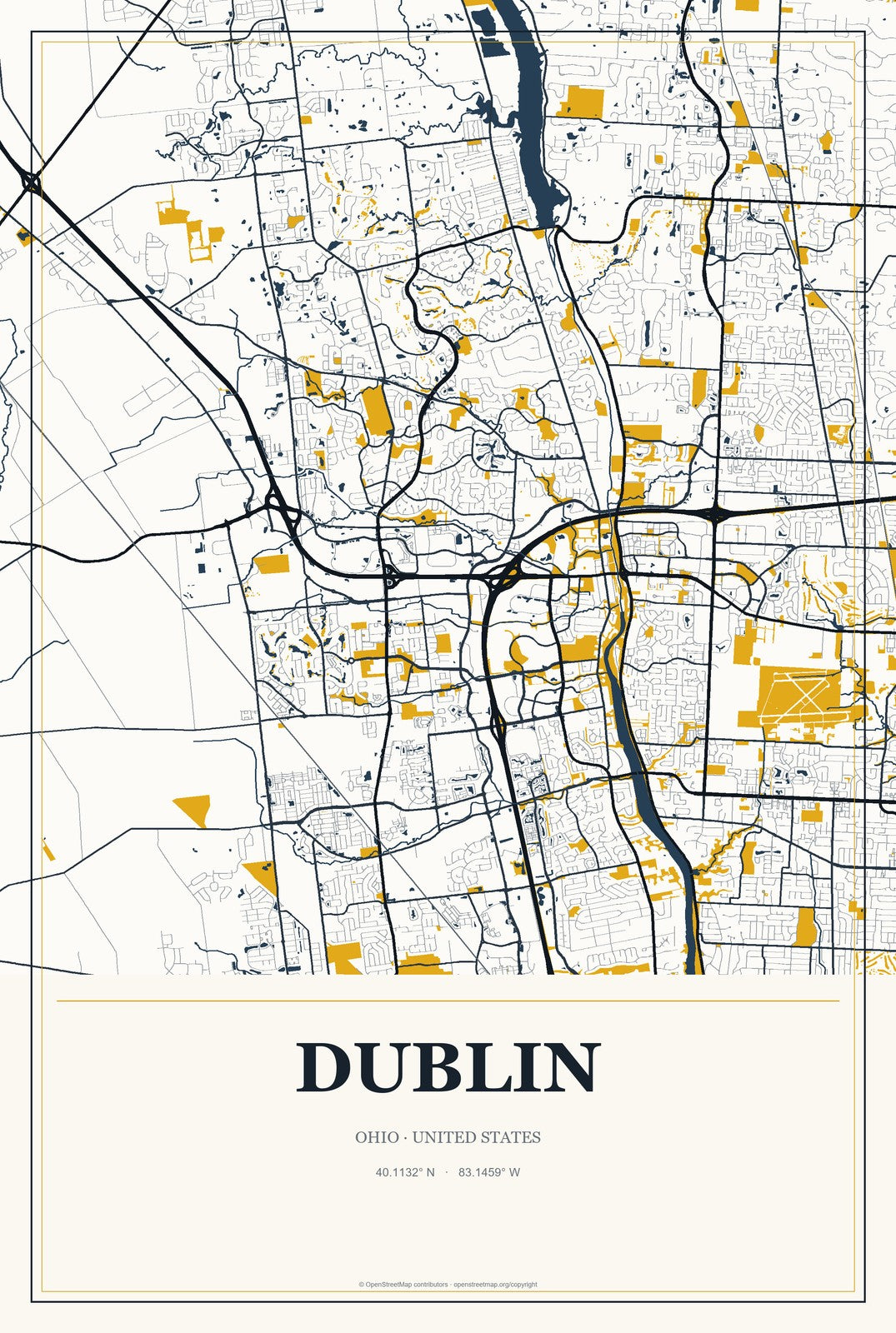 Dublin, Ohio City Map Aluminum Sign in Citrine Modern style