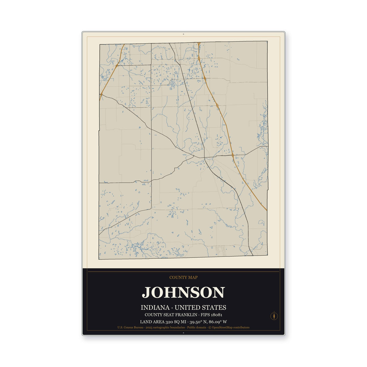Johnson County, Indiana Map Aluminum Sign in Museum Plaque style