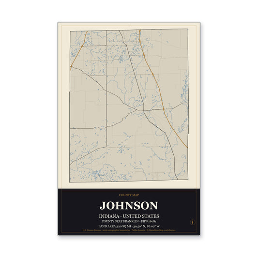 Johnson County, Indiana Map Aluminum Sign in Museum Plaque style