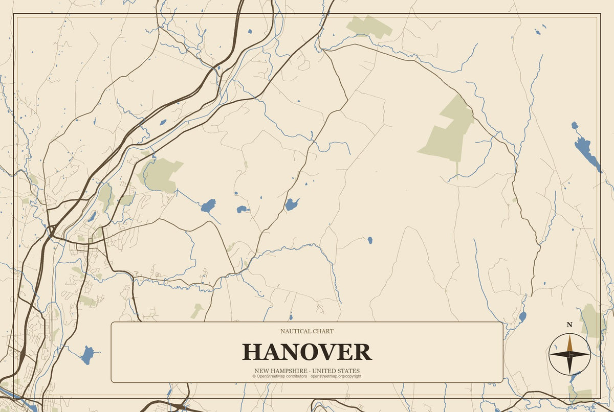 Hanover, New Hampshire City Map Aluminum Sign in Heritage Nautical style