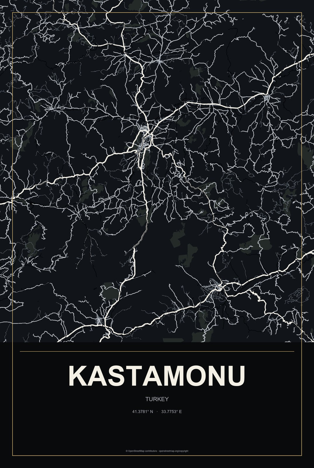 Kastamonu, Turkey City Map Aluminum Sign in Metropolitan Noir style