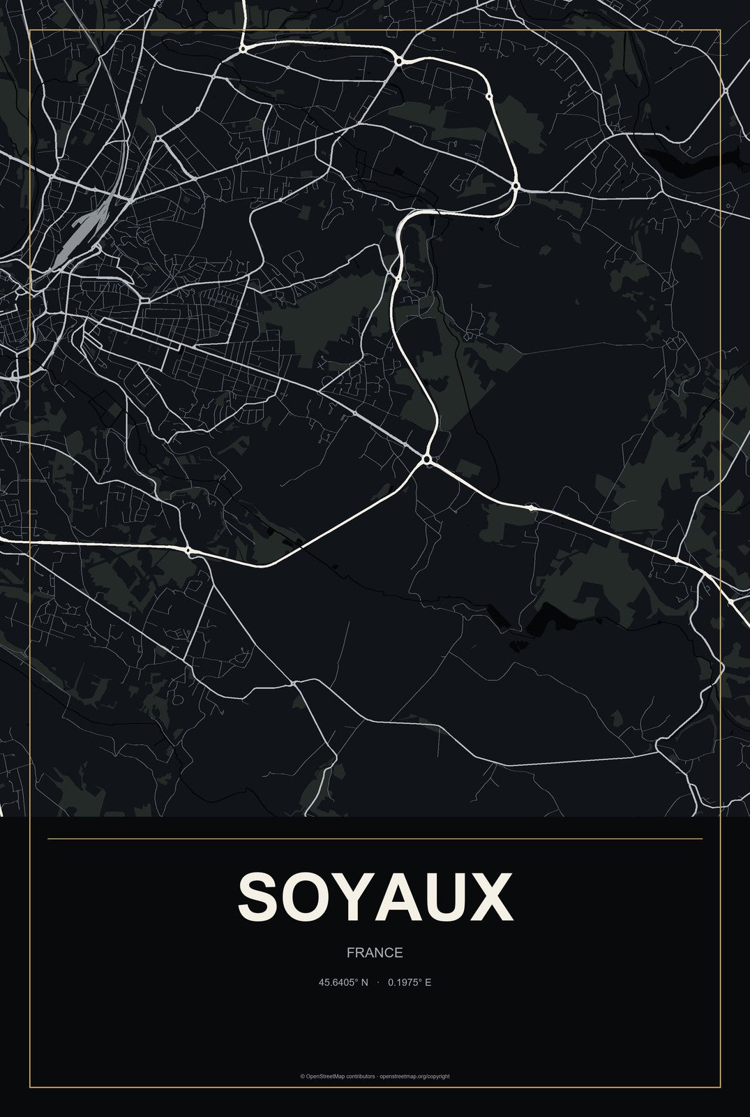 Soyaux, France City Map Aluminum Sign in Metropolitan Noir style