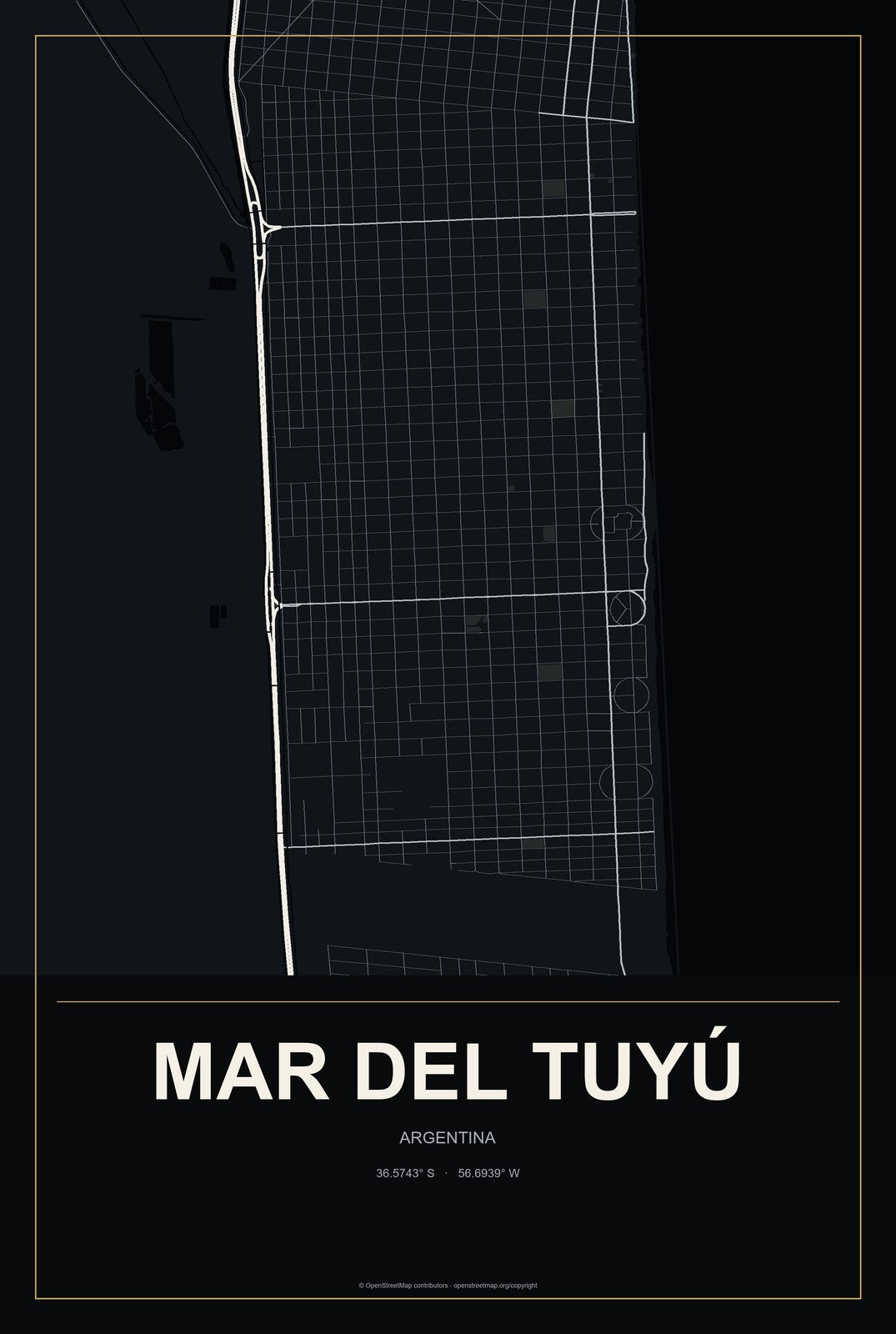 Mar del Tuyú, Argentina City Map Aluminum Sign in Metropolitan Noir style