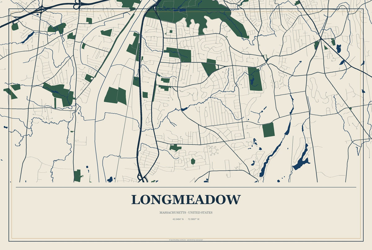 Longmeadow, Massachusetts City Map Aluminum Sign in Coastal Cutout style