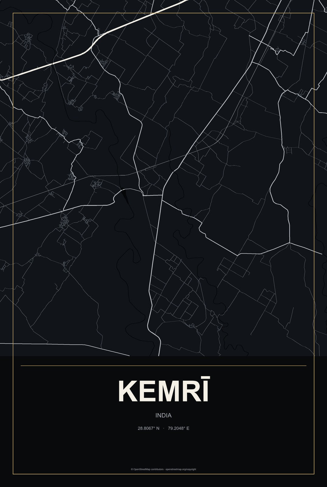 Kemrī, India City Map Aluminum Sign in Metropolitan Noir style