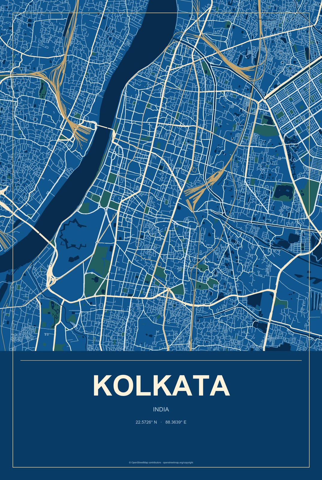 Kolkata, India City Map Aluminum Sign in Harbor Cobalt style