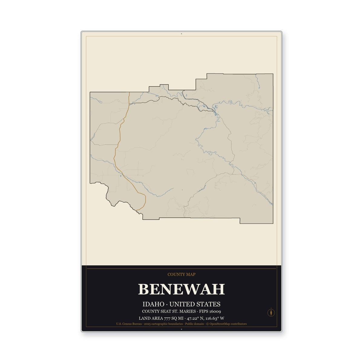 Benewah County, Idaho Map Aluminum Sign in Museum Plaque style