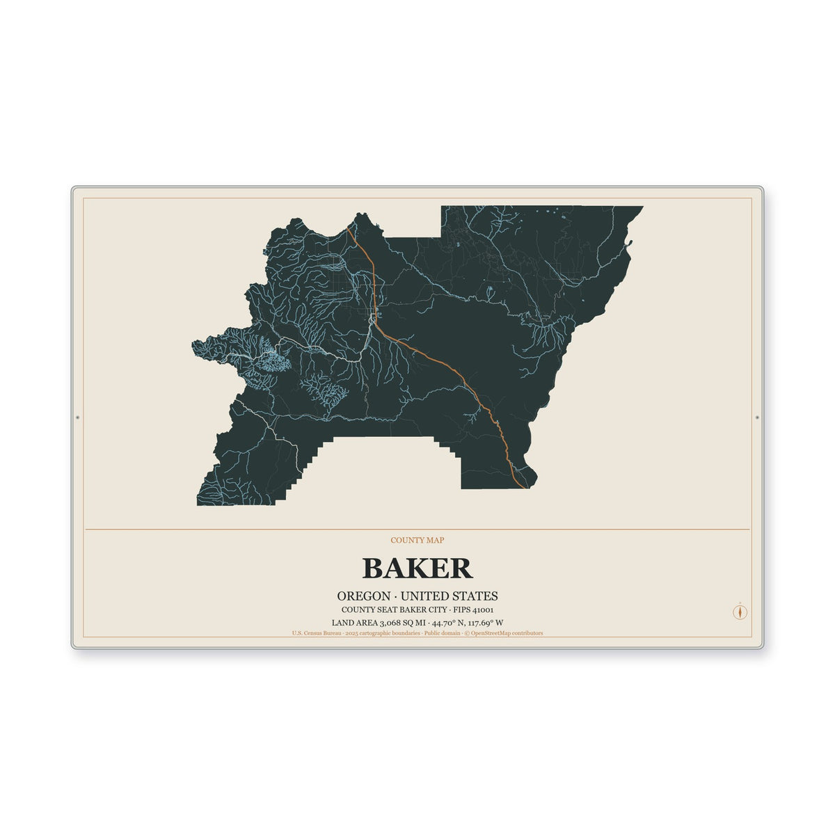 Baker County, Oregon Map Aluminum Sign in Headline Atlas style