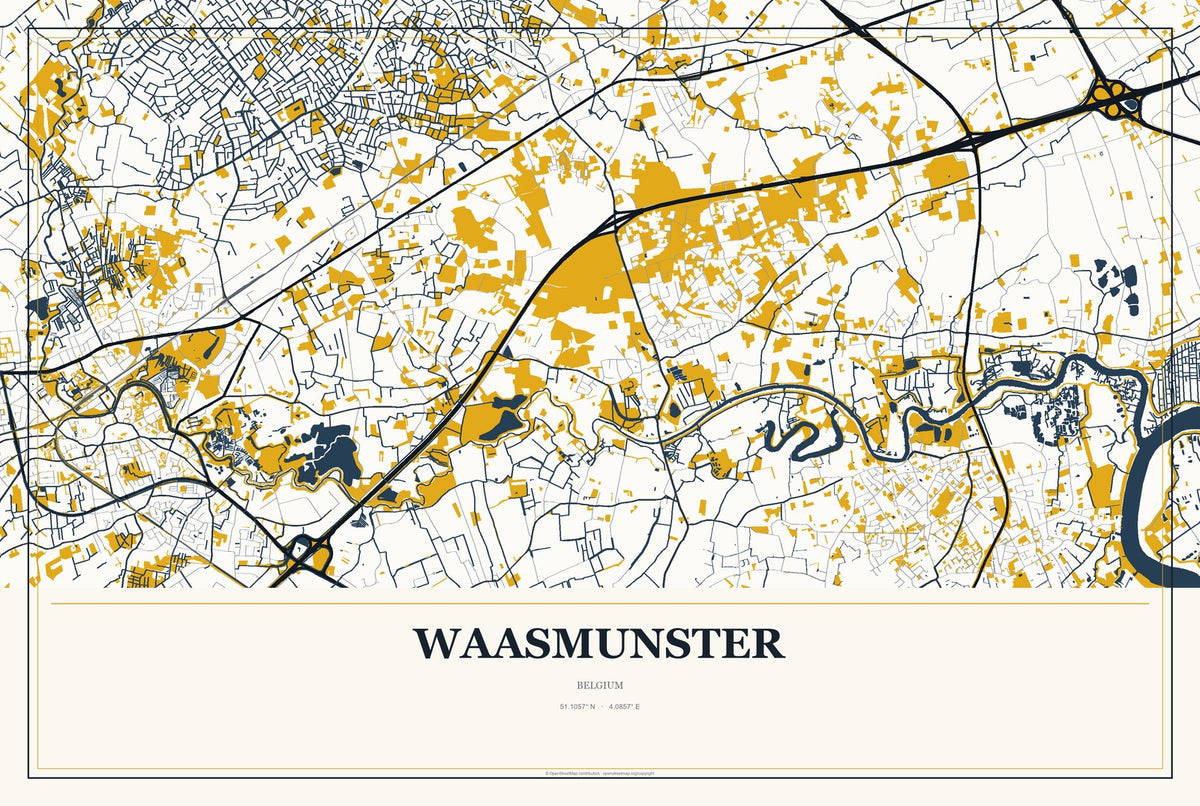 Waasmunster, Belgium City Map Aluminum Sign in Citrine Modern style