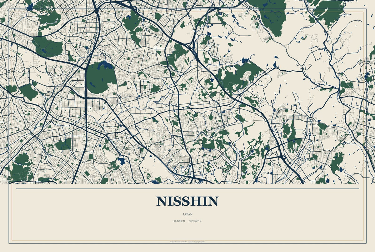 Nisshin, Japan City Map Aluminum Sign in Coastal Cutout style