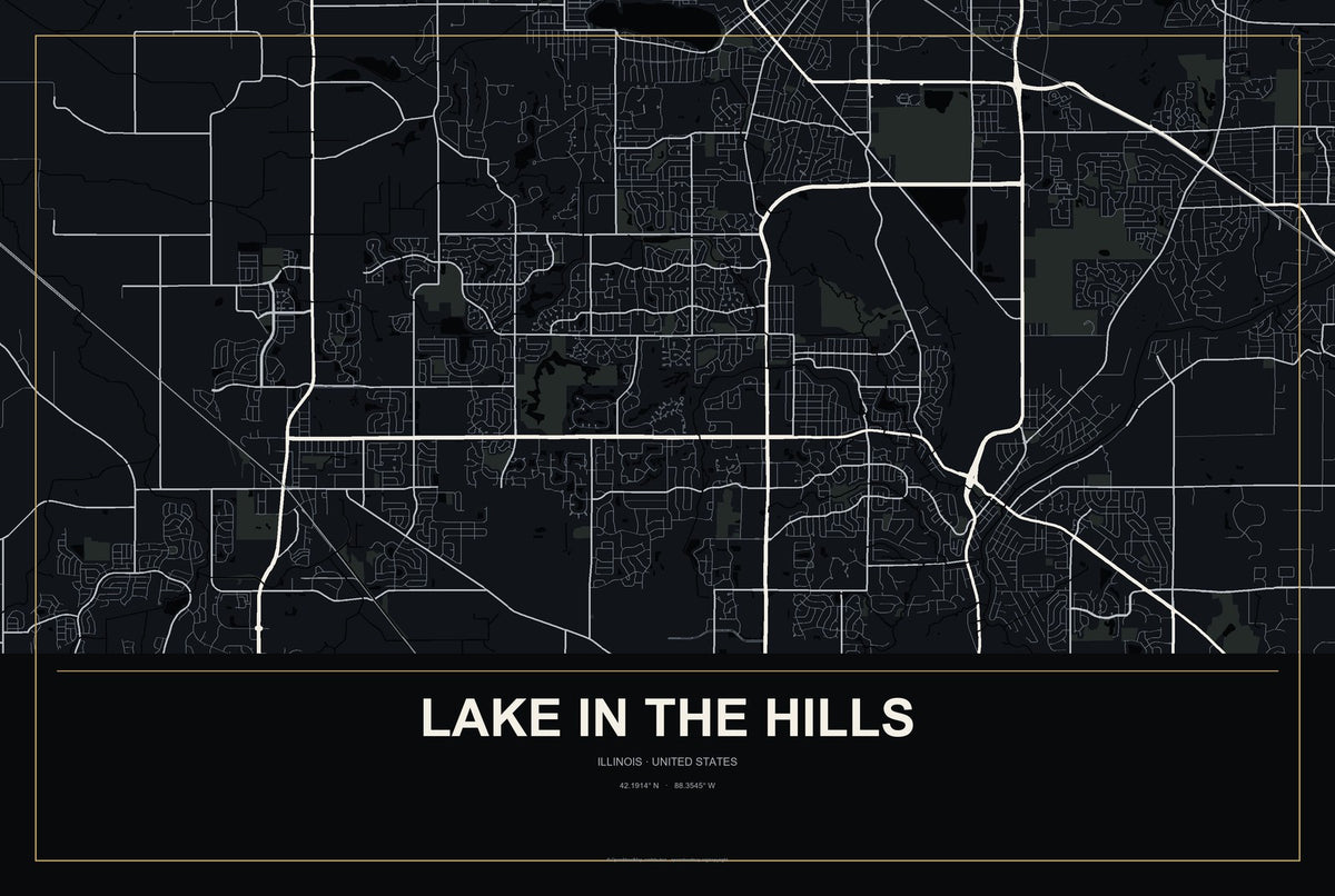 Lake in the Hills, Illinois City Map Aluminum Sign in Metropolitan Noir style