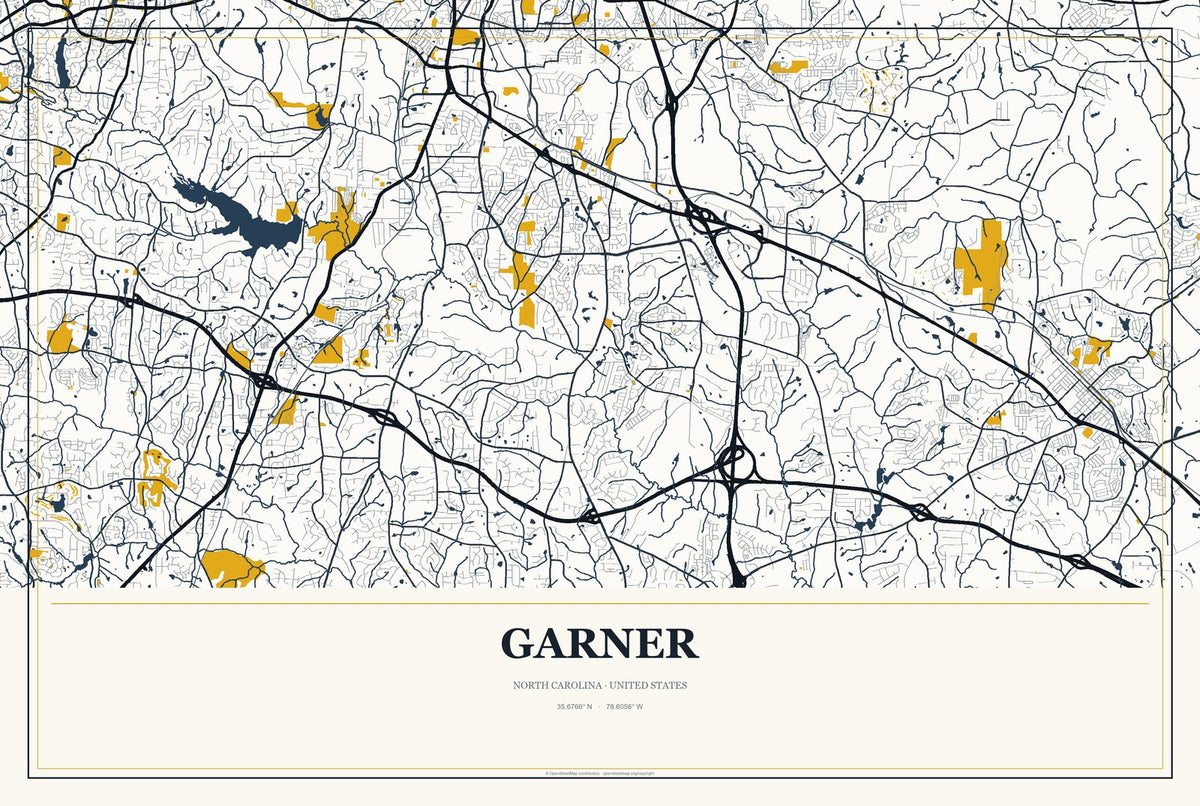 Garner, North Carolina City Map Aluminum Sign in Citrine Modern style
