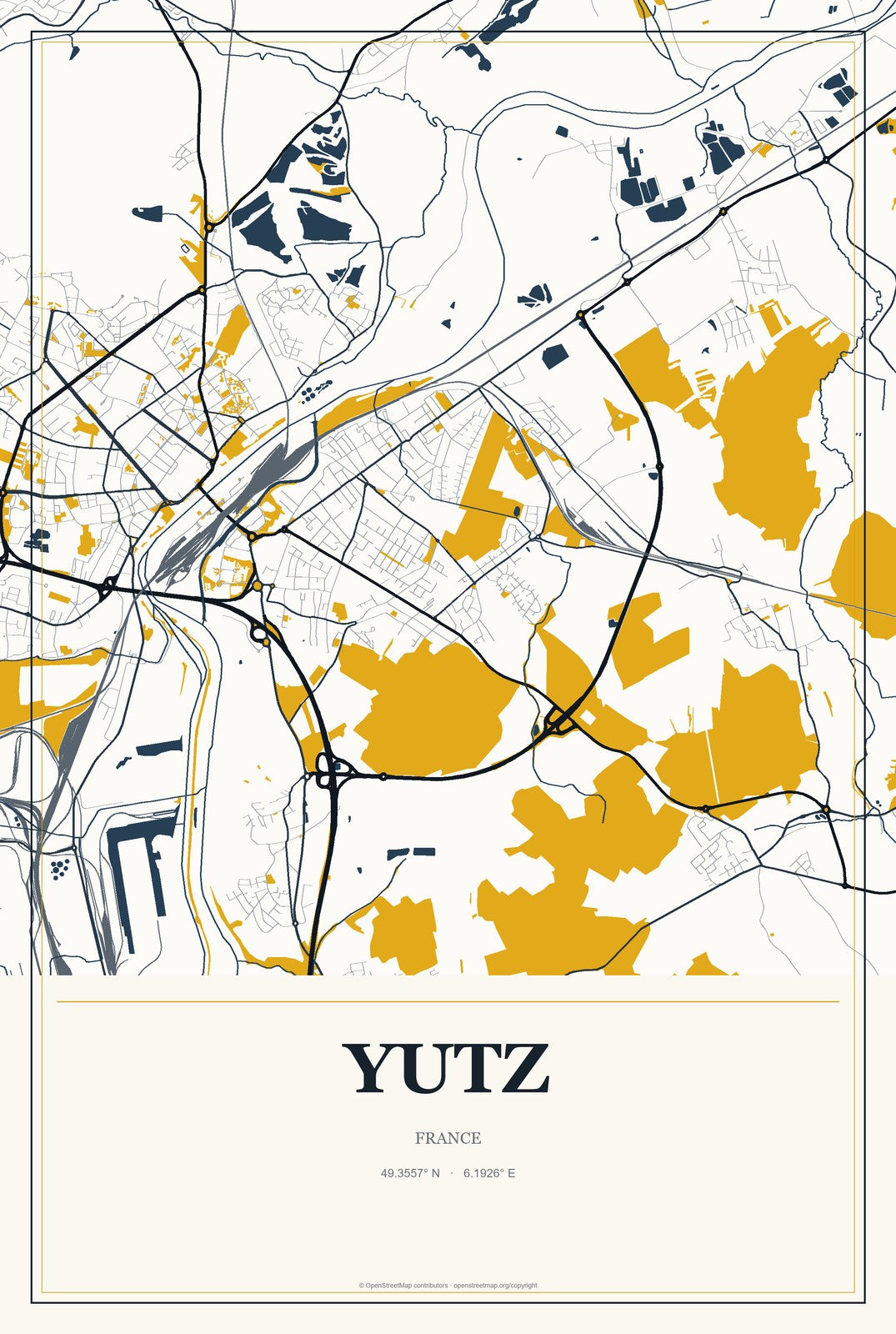 Yutz, France City Map Aluminum Sign in Citrine Modern style