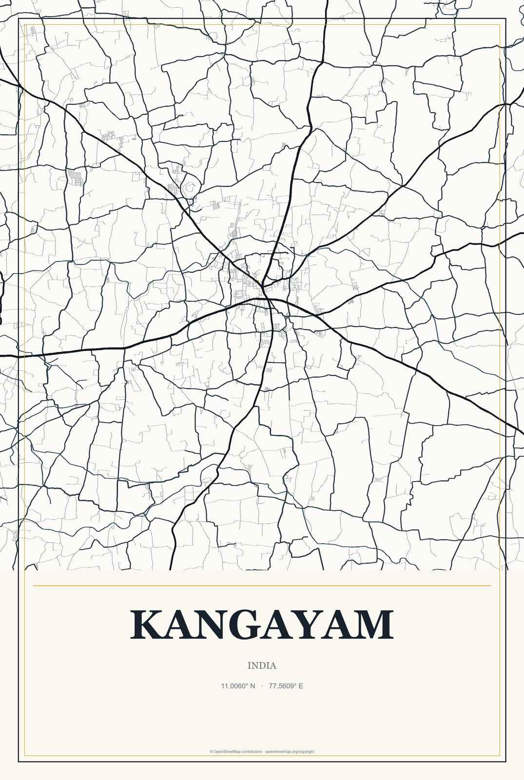 Kangayam, India City Map Aluminum Sign in Citrine Modern style