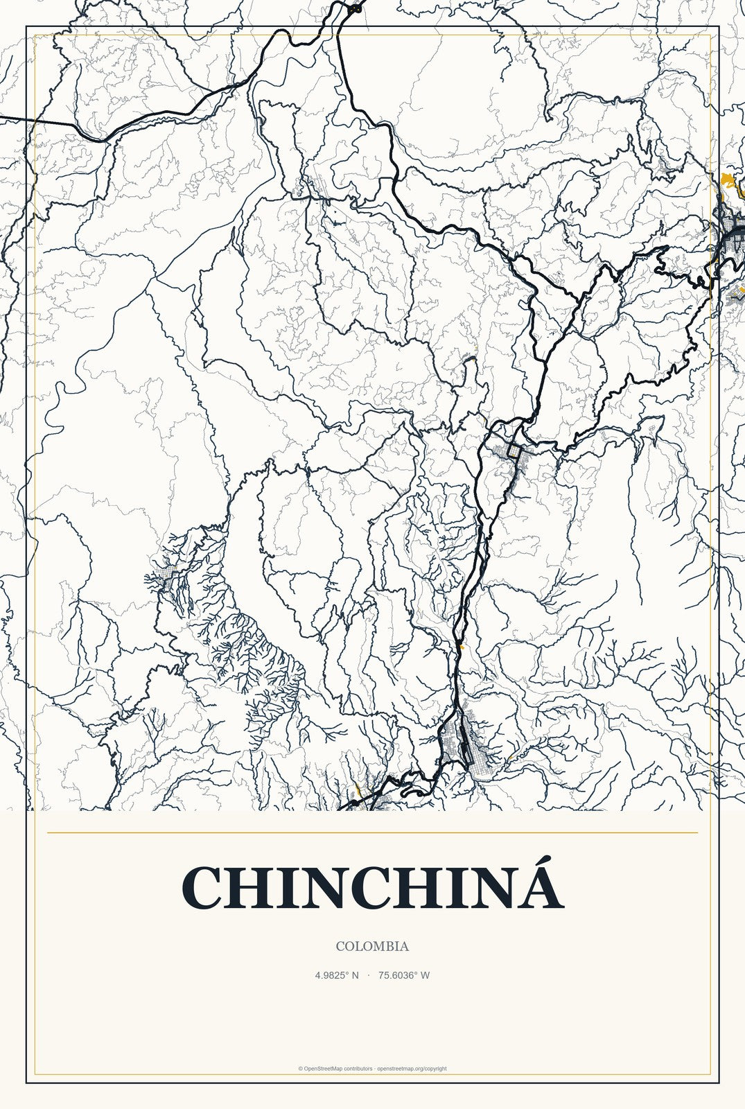 Chinchiná, Colombia City Map Aluminum Sign in Citrine Modern style