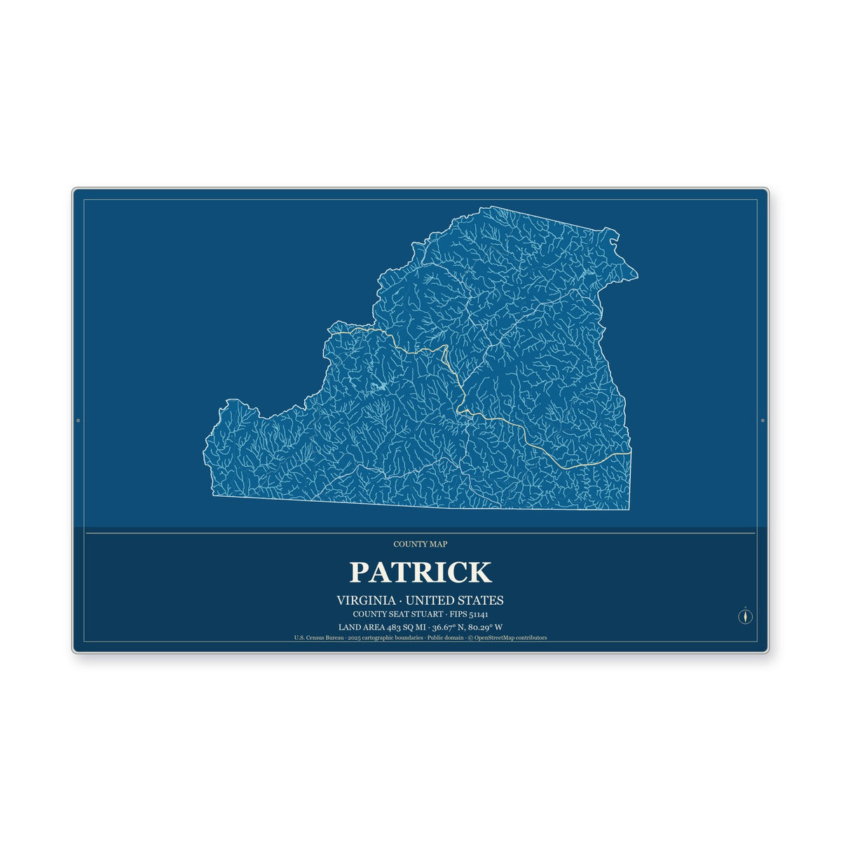 Patrick County, Virginia Map Aluminum Sign in Harbor Cobalt style