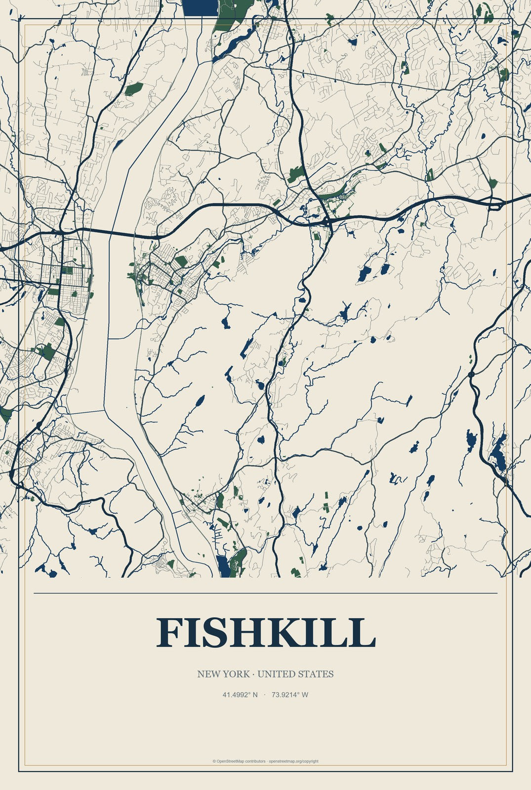 Fishkill, New York City Map Aluminum Sign in Coastal Cutout style
