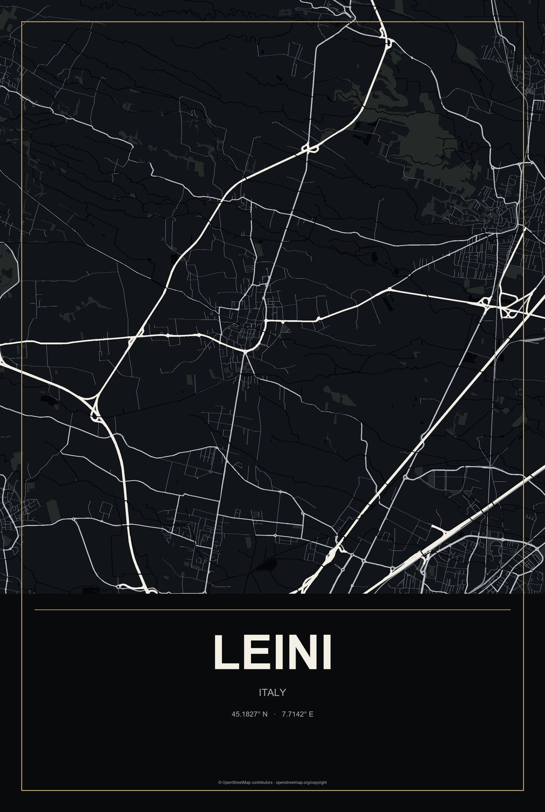 Leini, Italy City Map Aluminum Sign in Metropolitan Noir style