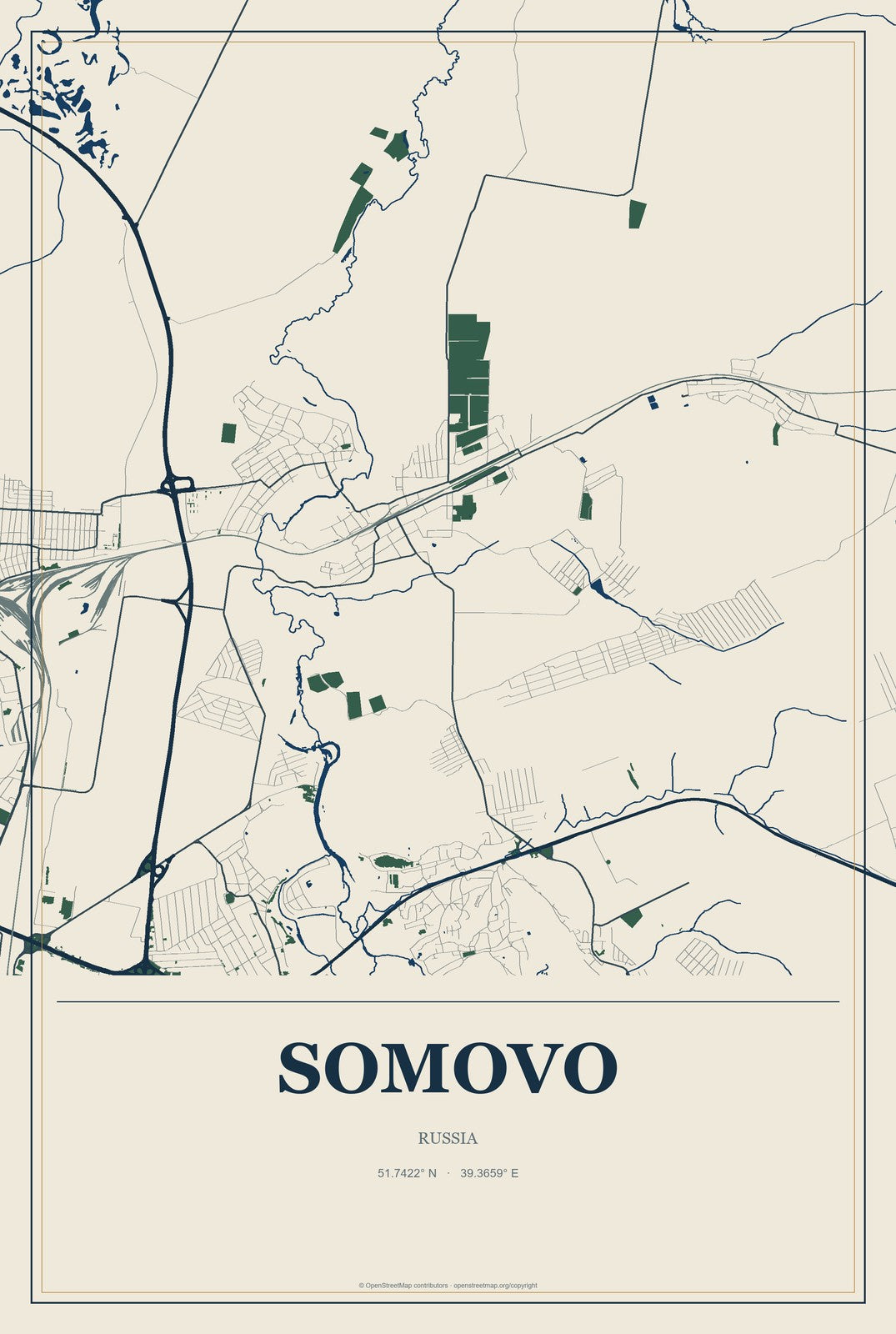 Somovo, Russia City Map Aluminum Sign in Coastal Cutout style