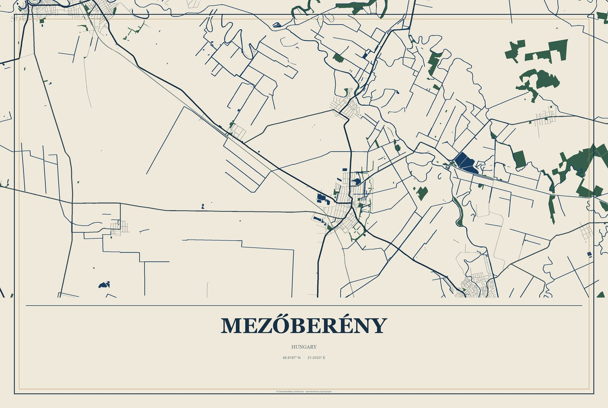 Mezőberény, Hungary City Map Aluminum Sign in Coastal Cutout style