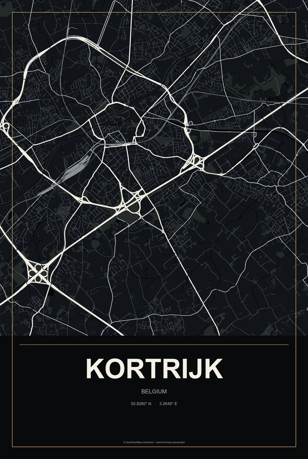 Kortrijk, Belgium City Map Aluminum Sign in Metropolitan Noir style
