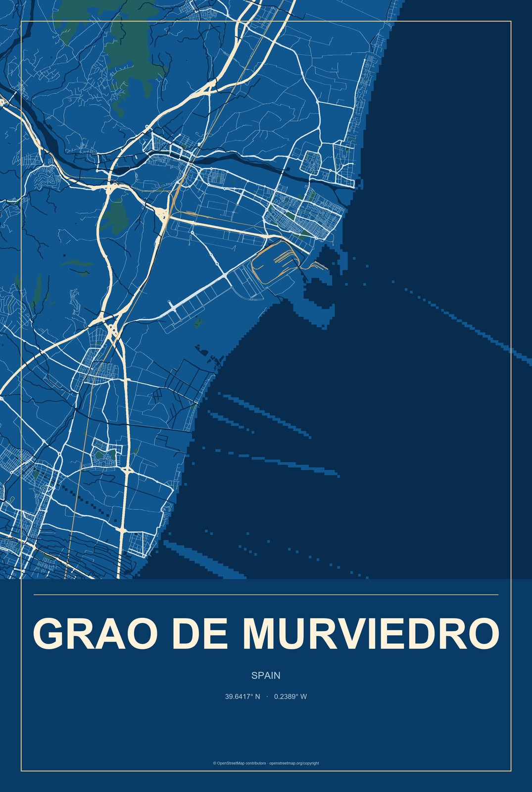 Grao de Murviedro, Spain City Map Aluminum Sign in Harbor Cobalt style
