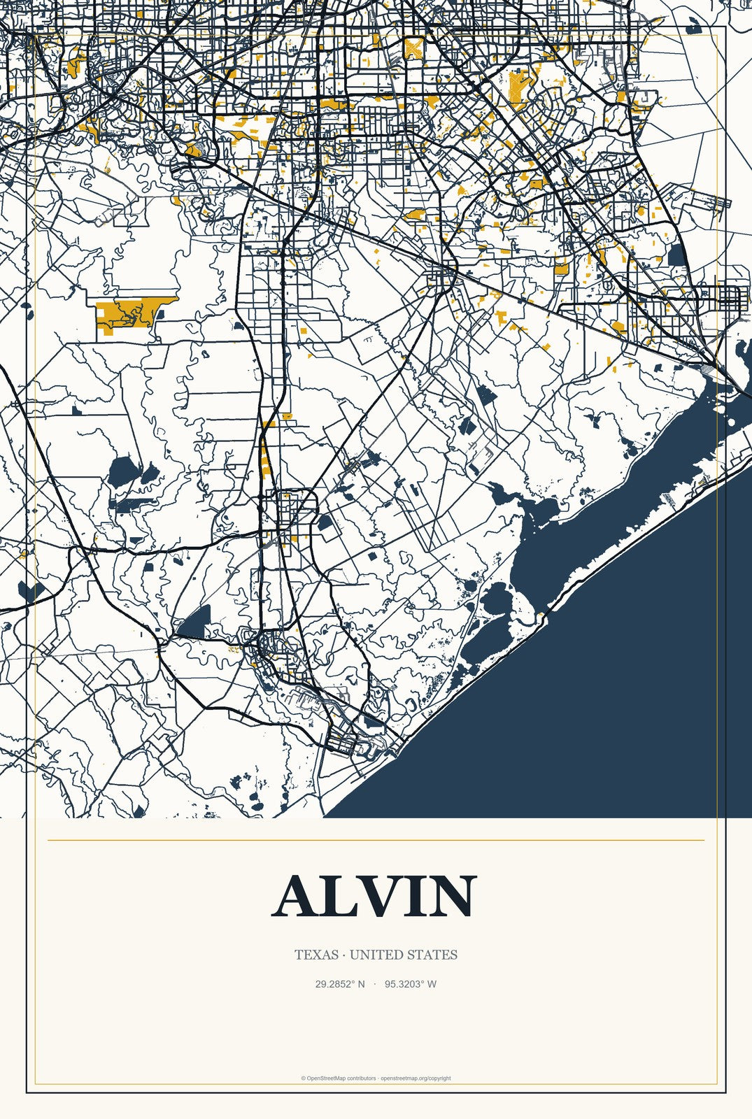 Alvin, Texas City Map Aluminum Sign in Citrine Modern style