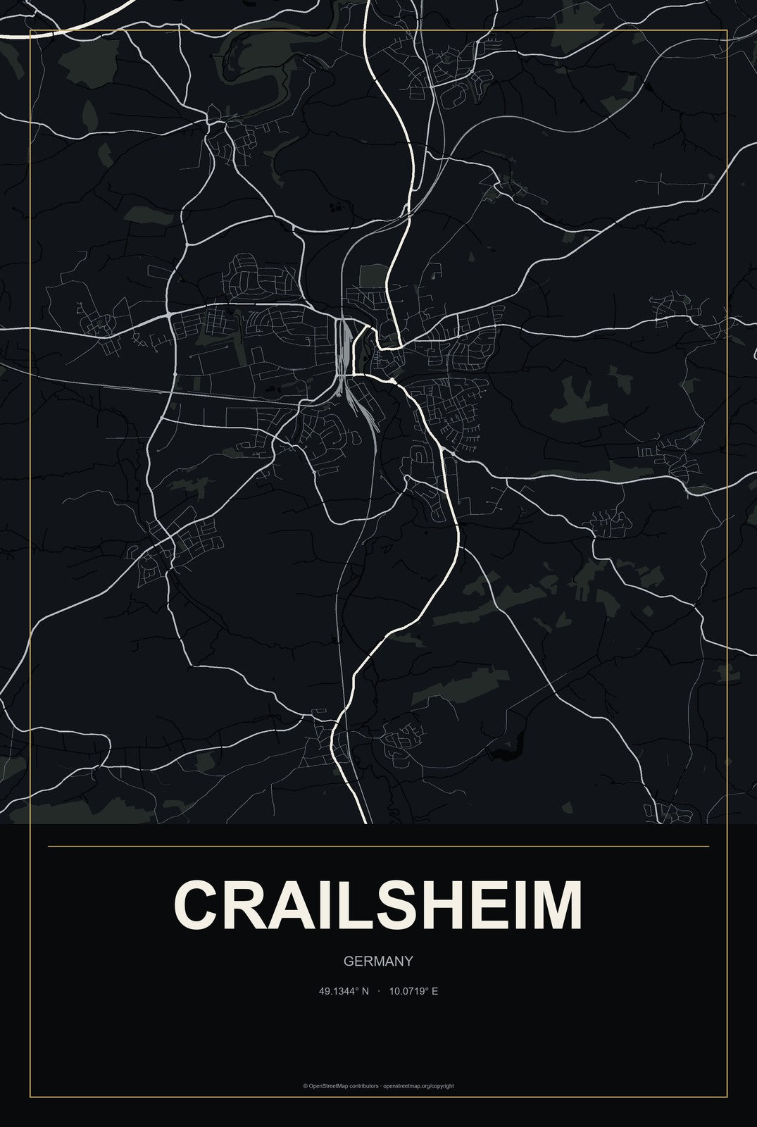 Crailsheim, Germany City Map Aluminum Sign in Metropolitan Noir style