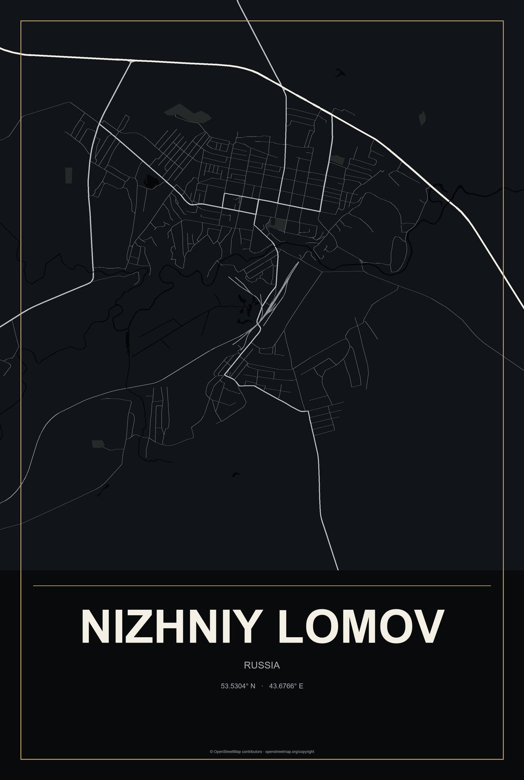 Nizhniy Lomov, Russia City Map Aluminum Sign in Metropolitan Noir style